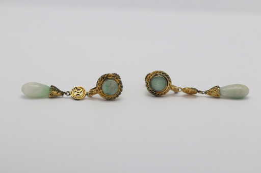Pair Chinese Antique Silver Jadeite Earrings
