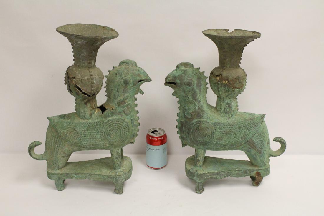 Pair Chinese archaic style bronze censer: Pair Chinese archaic style bronze censer in bird motif (damage), 17.8"H each