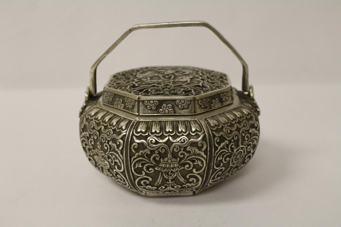 A silver on bronze handled censer: A silver on bronze handled censer, 3.75"Hx4.5"dia