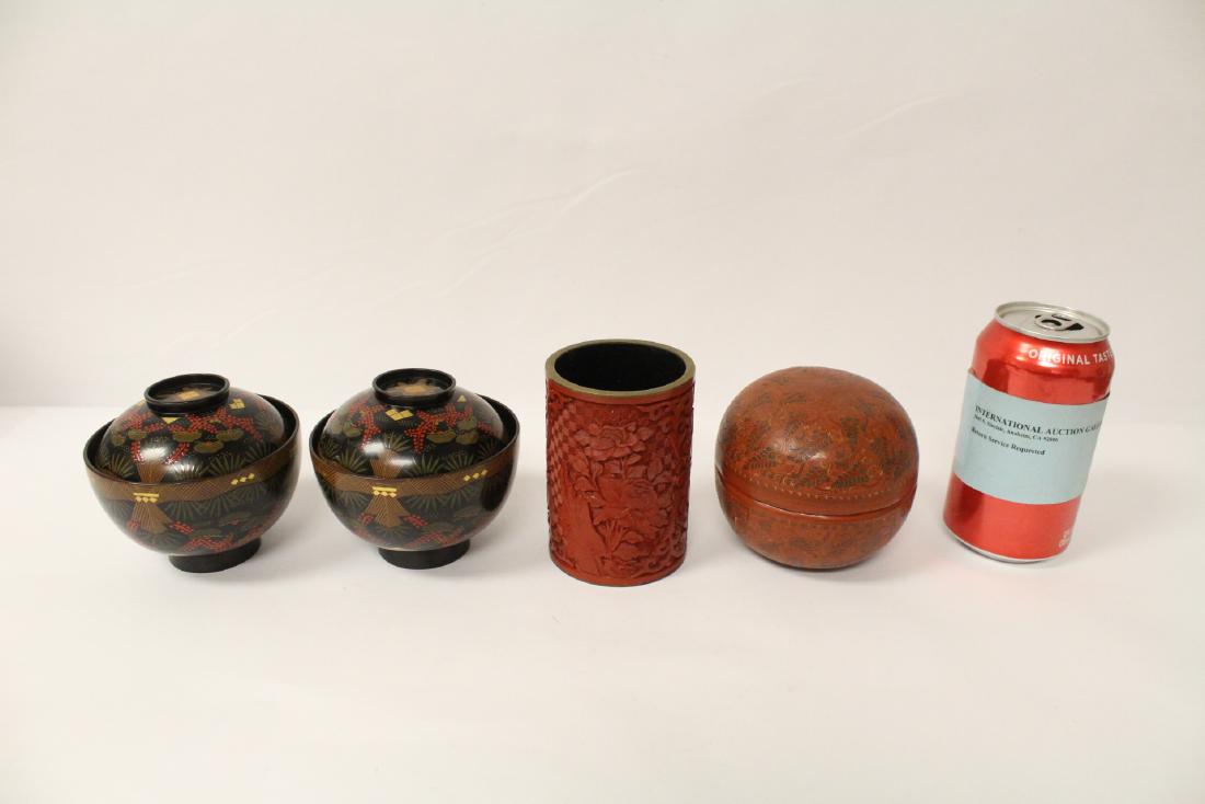 3 Chinese lacquer bowls, & a cinnabar brush holder (1 of 10)