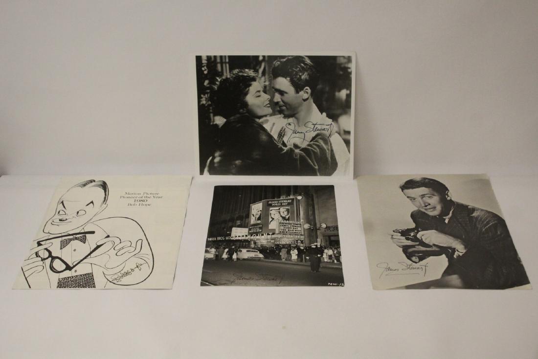3 James Stewart signed photos & a signed calendar page: 3 James Stewart signed photos; including a rare photo of premier night for "The Man Who Knew Too Much", and a signed calendar page by Bob Hope(?)
