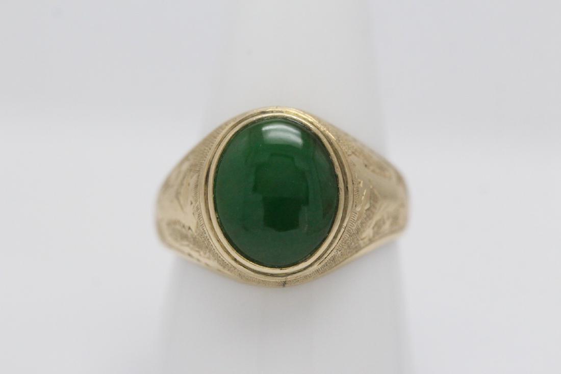 14K Y/G jadeite ring, with GIA report: 14K Y/G ring, center a natural intense apple green jadeite measures 12.4x10.2x2.52mm, see GIA report, size 9