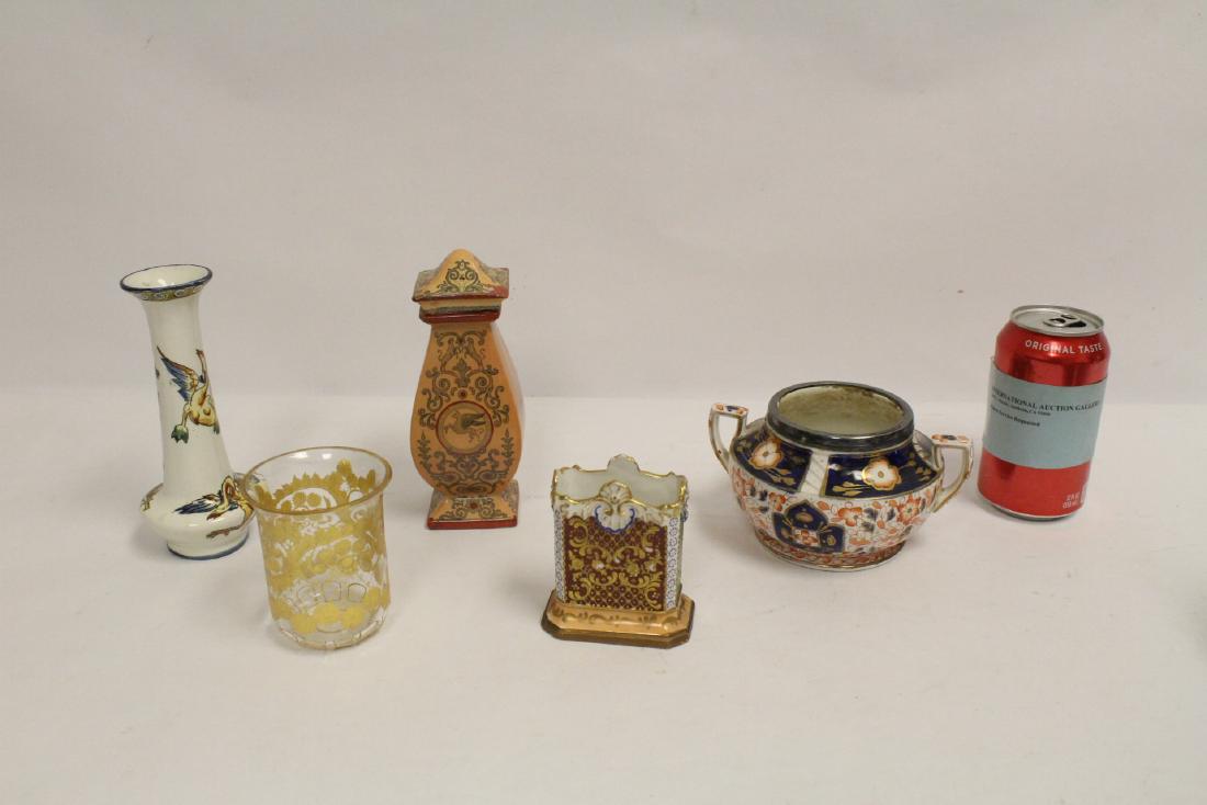 4 continental porcelain pc, and a gilt French glass cup: 4 continental porcelain pieces (3.5"Hx3"x1.88" - 6.45"hx2.75"dia), and a gilt French glass cup(3.4"Hx2.88"dia)