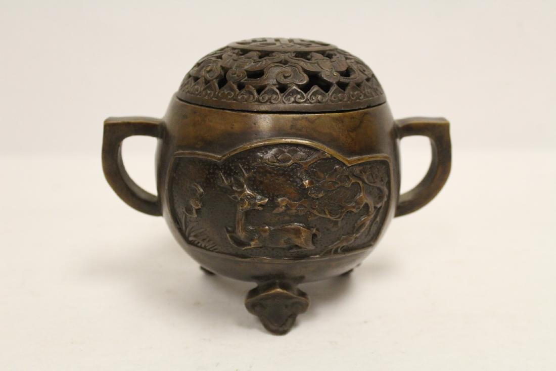 A fancy Chinese bronze covered censer: A fancy Chinese bronze covered censer, 5.2"Hx6.65"x4.9"