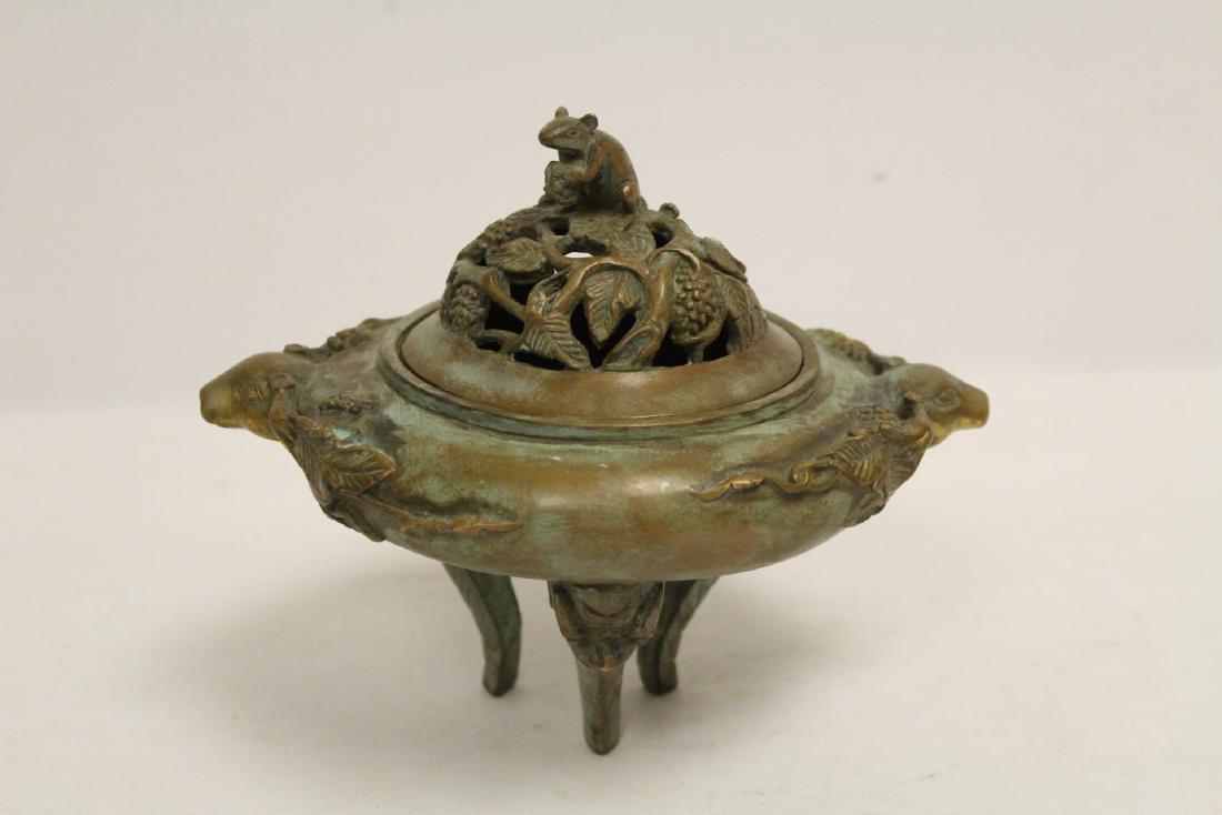 Chinese bronze censer: Chinese bronze censer with mouse motif handles and finial, 6.5"Hx7.75"x5.75"