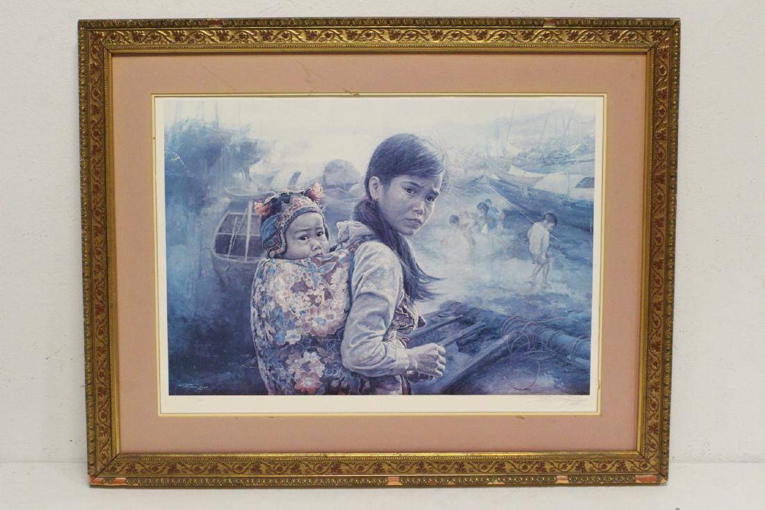 print in colors by Wai Ming in 1976, signed: Print in colors "mother and child" by Wai Ming created in 1976, pencil signed lower right (light scratch on paper), ed 613/750, 20"x28.7"