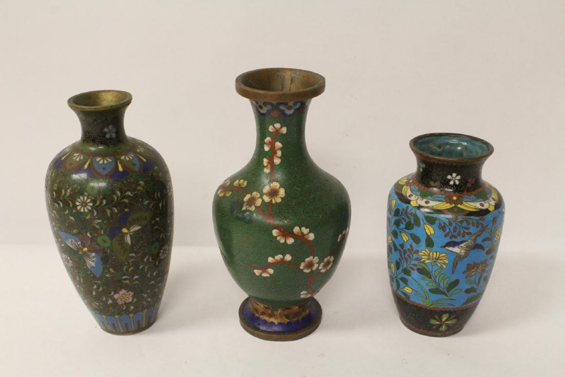 3 cloisonne vases: 3 pieces; 2 Japanese antique cloisonne vases (one has repair, 6"Hx2.9"dia, 4.75"Hx2.75"dia) and a Chinese vintage cloisonne vase (repair, 6.4"Hx3.3"dia)