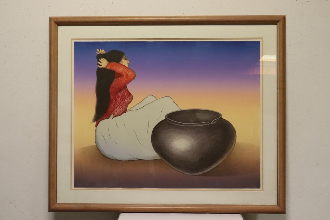 Lithography in color by R. C. Gorman, signed, dated: Lithography in color "pueblo jar" by R. C. Gorman, signed on lower left, dated 1986, ed. 16/20, 28.5"x36"