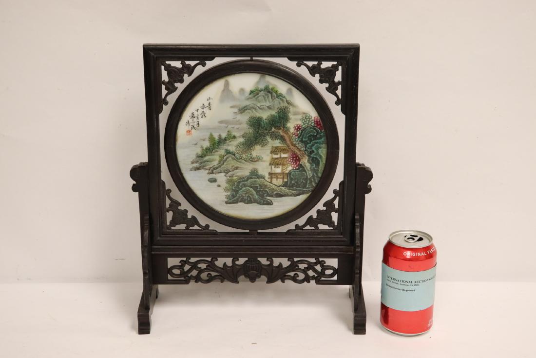Chinese framed round porcelain plaque on stand (1 of 9)