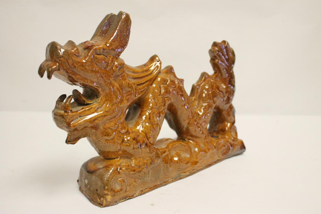 Chinese pottery sculpture in dragon motif: Chinese pottery sculpture in dragon motif, possible a roof tile, 8.7"Hx13.5"x3"
