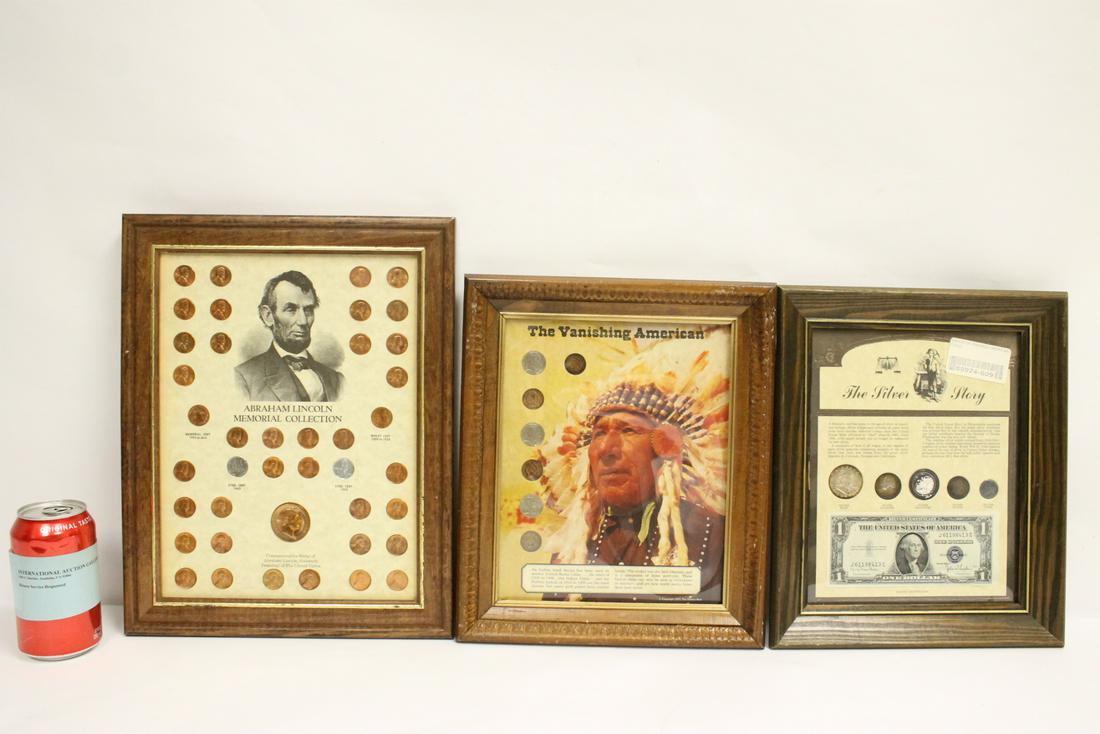 3 panels of US coins and currency: 3 panels of US coins and currency, most in uncirculated conditions