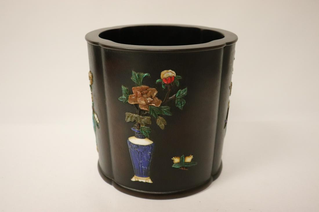 Chinese zitan brush holder with stone overlay (1 of 10)