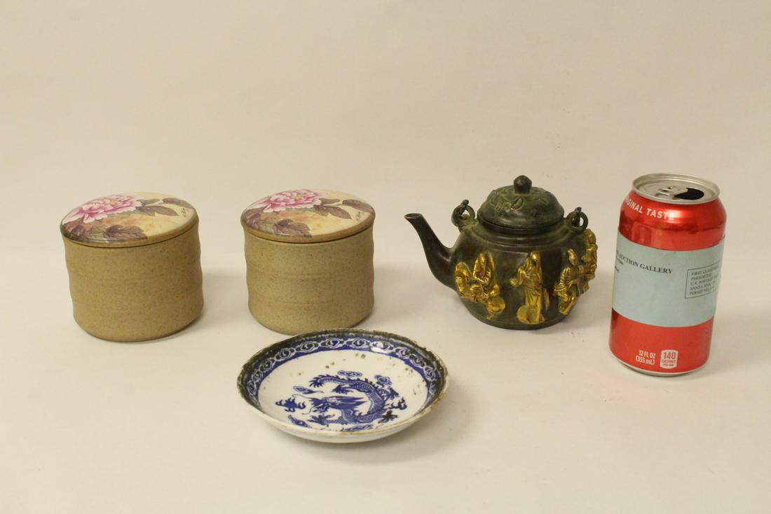 A bronze teapot, 2 covered tea caddy & a plate (1 of 11)