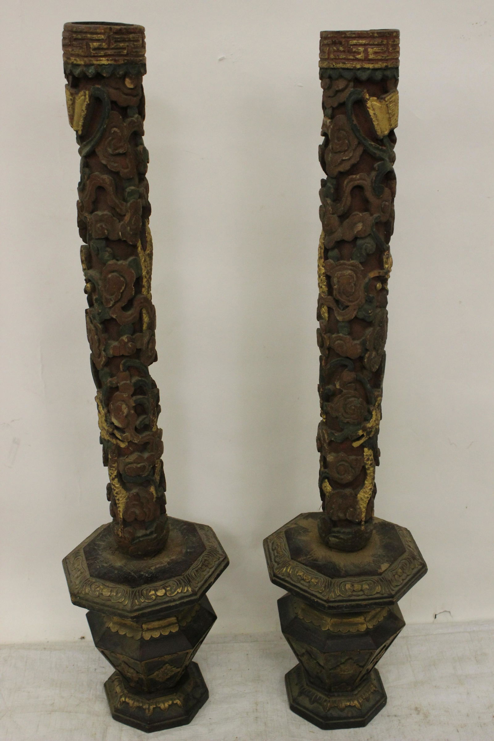 Pr Chinese 19th c. gilt & painted wood candle holders (1 of 8)