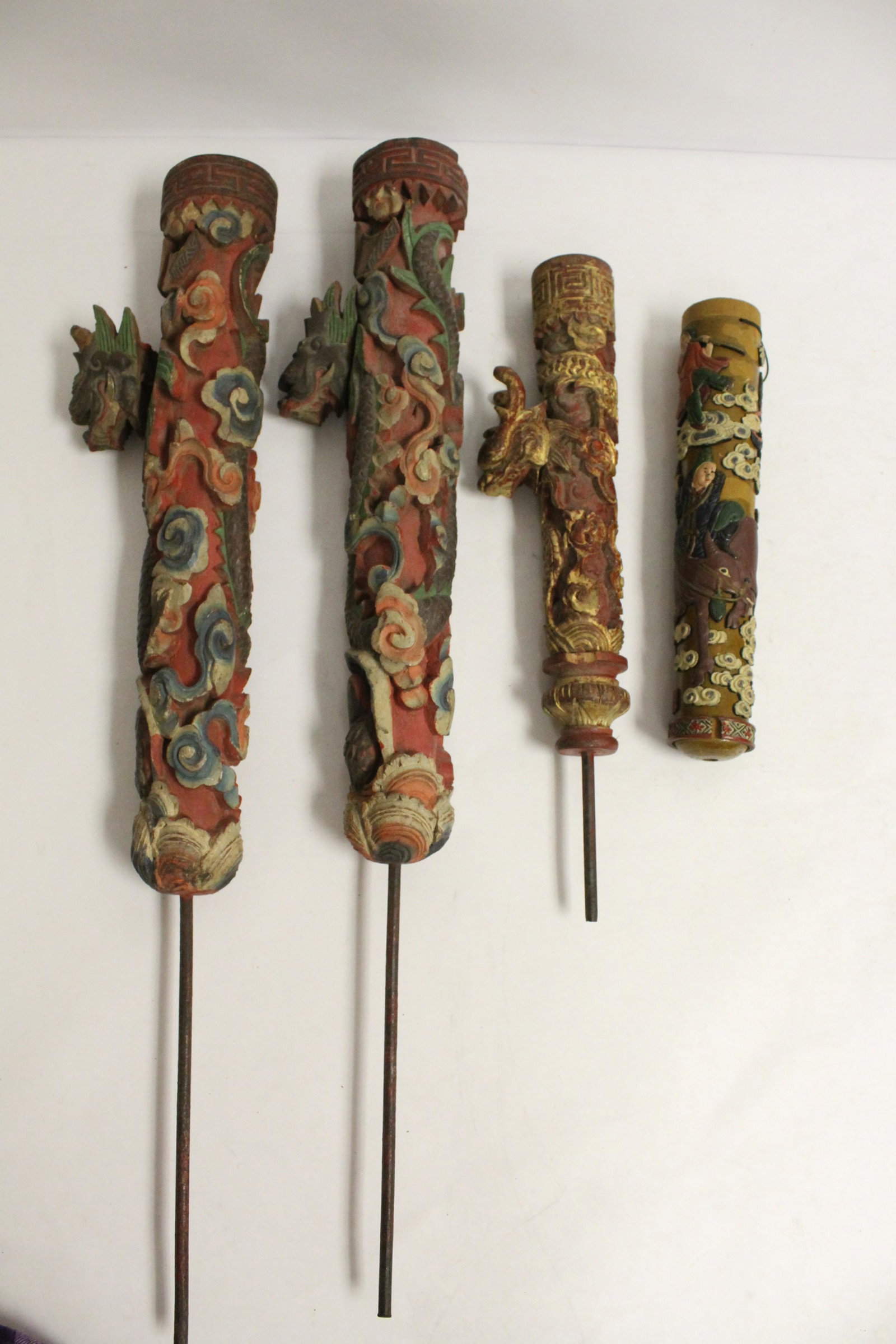 4 Chinese 19th c. polychrome wood candle post (1 of 10)