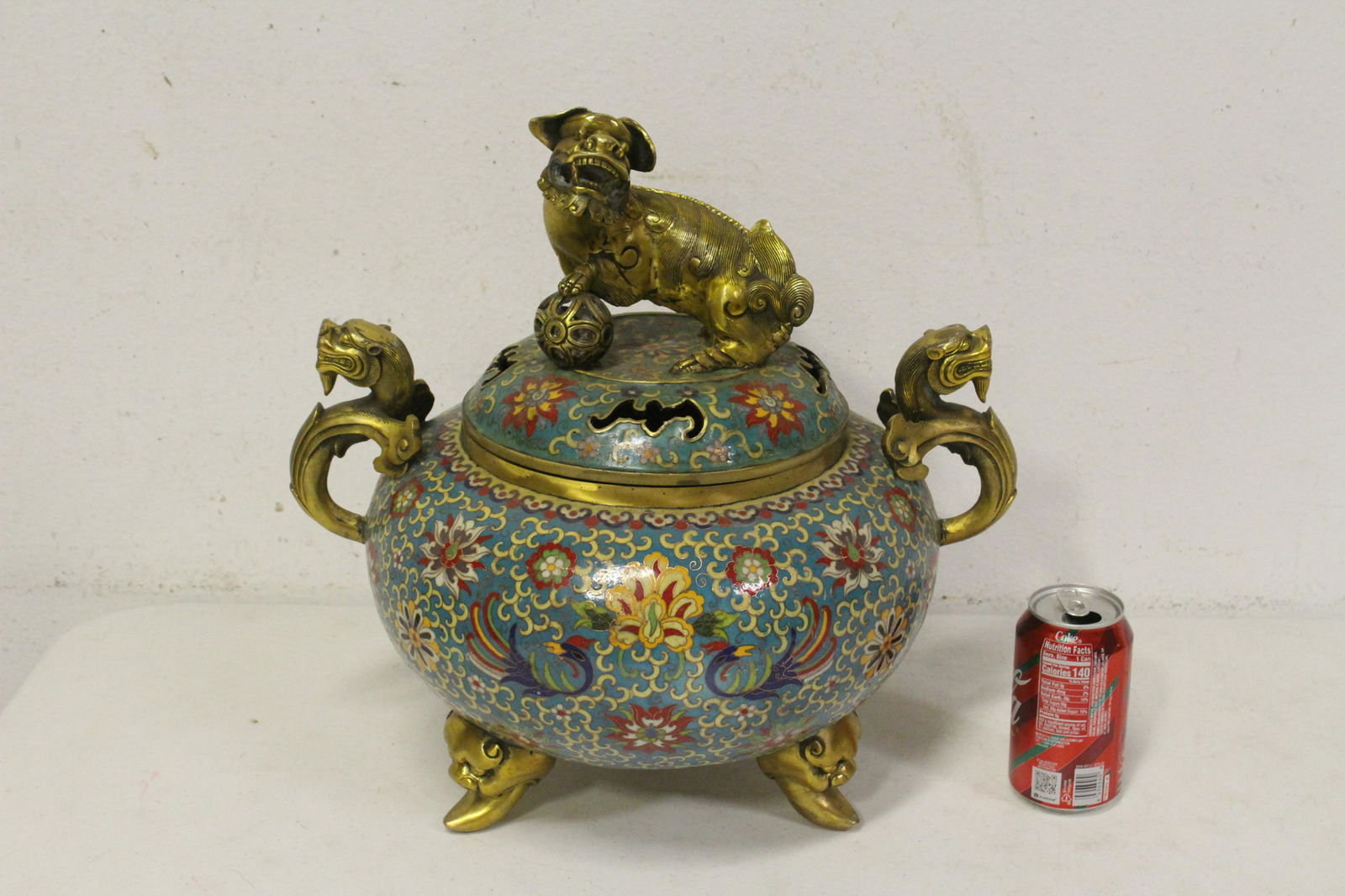 Lg Chinese bronze based cloisonne covered censer (1 of 10)
