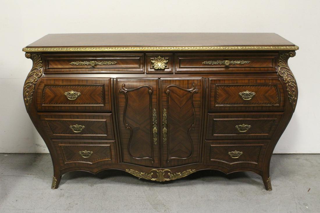 mahogany inlaid chest of drawers/cabinet: Beautiful mahogany inlaid Bombe front chest of drawers/cabinet with metal ormolu, 44.2"Hx72"x20"