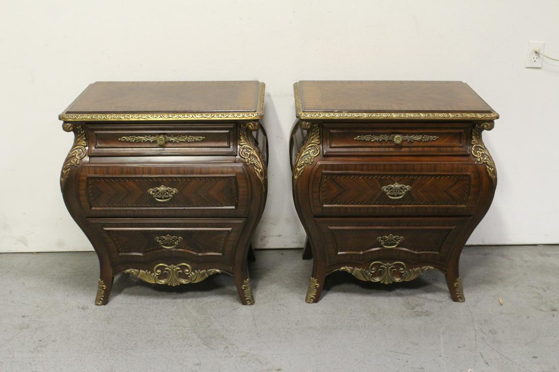 Pair mahogany inlaid side chest with metal ormolu: Pair beautiful mahogany inlaid Bombe front side chest with metal ormolu, 32.4"Hx30"x20.1" each