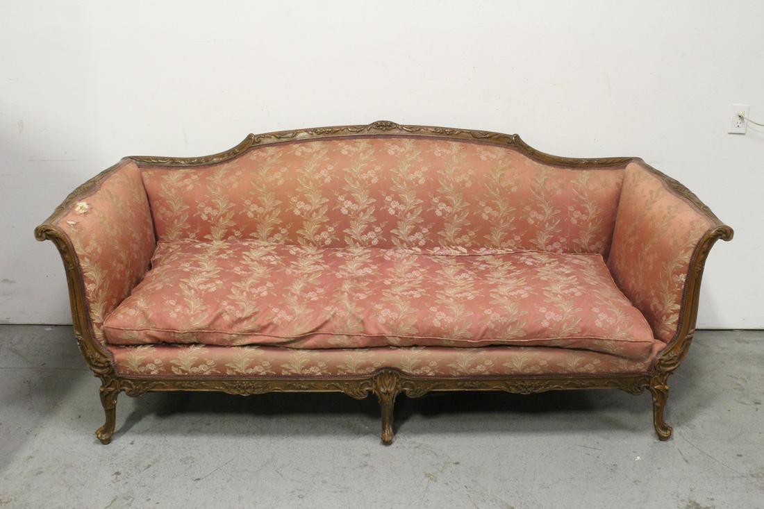 Victorian fine carved walnut coach: Beautiful Victorian fine carved walnut coach with silk like upholstery (left hand side upholstery small tears), 35.4"Hx81.75"x32.25"