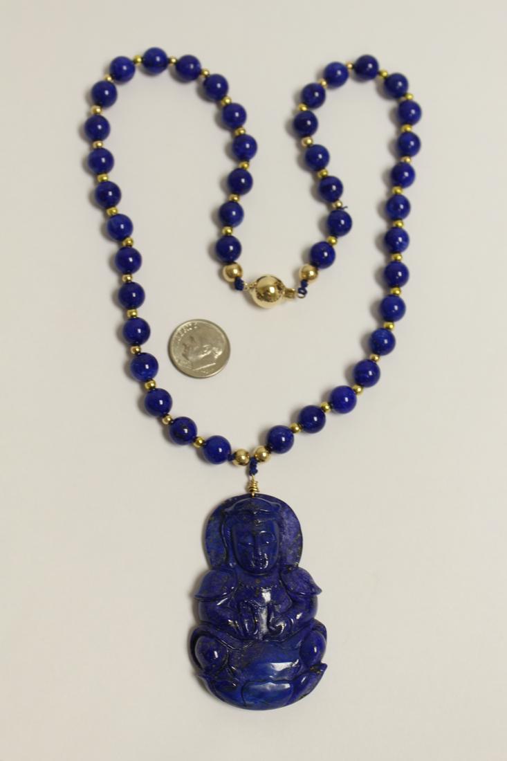 Chinese lapis pendant w/ lapis & gold bead necklace (1 of 10)