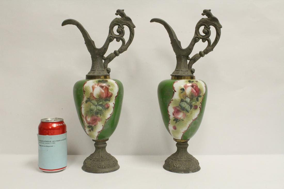 Pair antique painted glass and spelter ewers: Pair antique painted glass and spelter ewers, 15.25"Hx6.9"x4.9" each