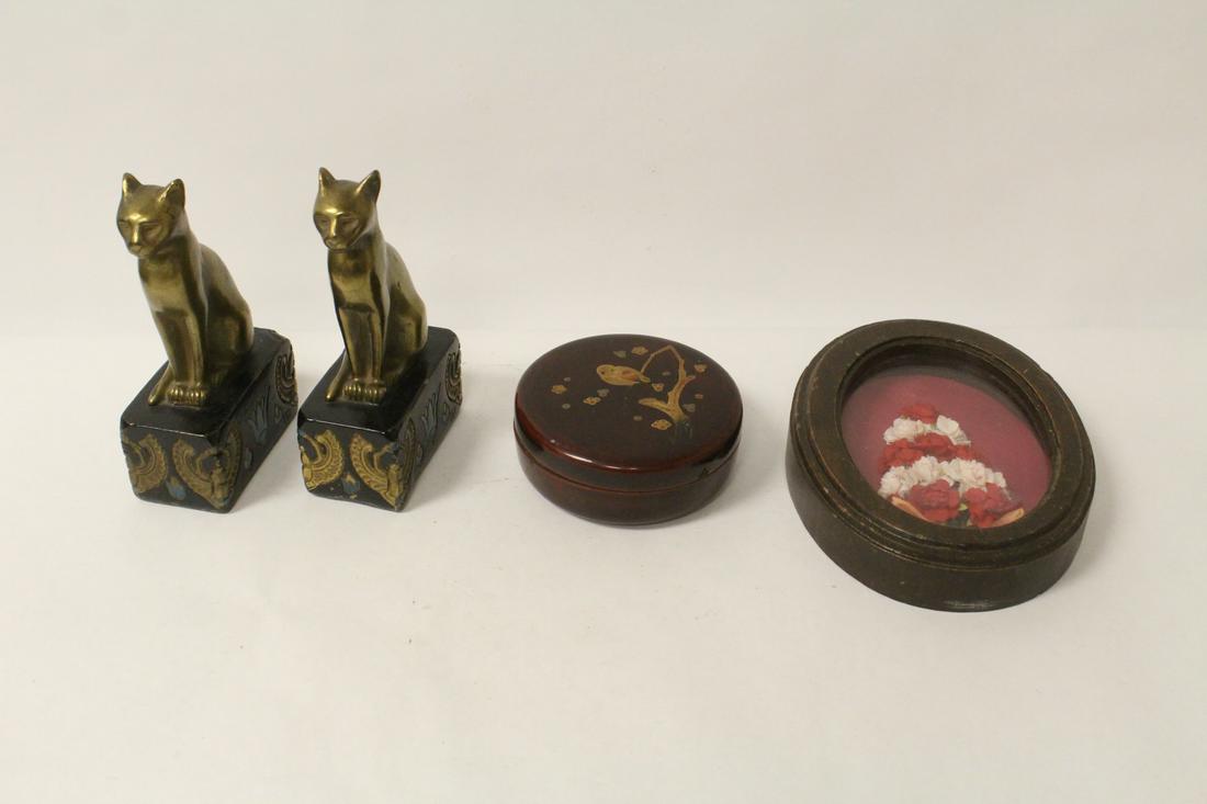 framed flower ornament, pr bookends & a lacquer box (1 of 8)
