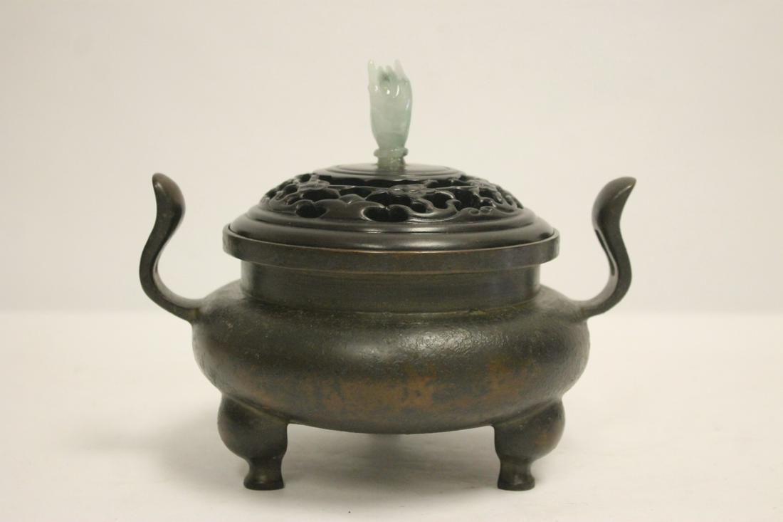 Chinese bronze open censer w/ jadeite carved finial (1 of 10)
