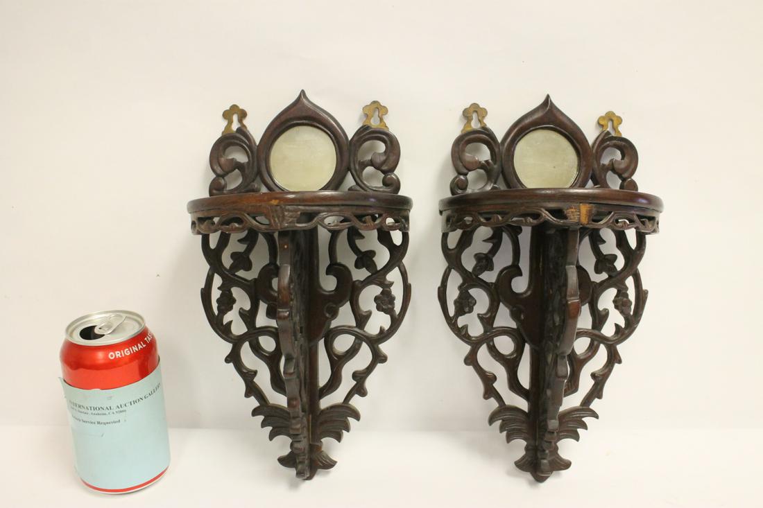 Pr Chinese antique rosewood wall shelves with mirror (1 of 10)