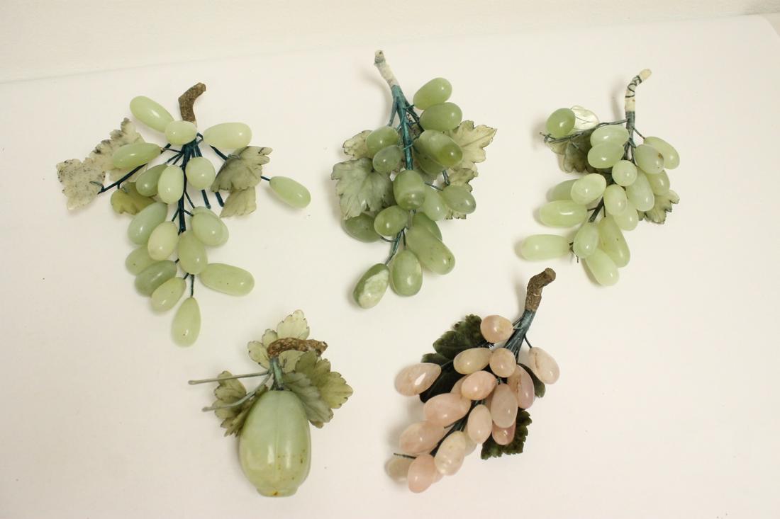 Lot of Chinese jade and rose quartz fruits: Lot of Chinese jade and rose quartz fruits, ~5"L - 8.5"