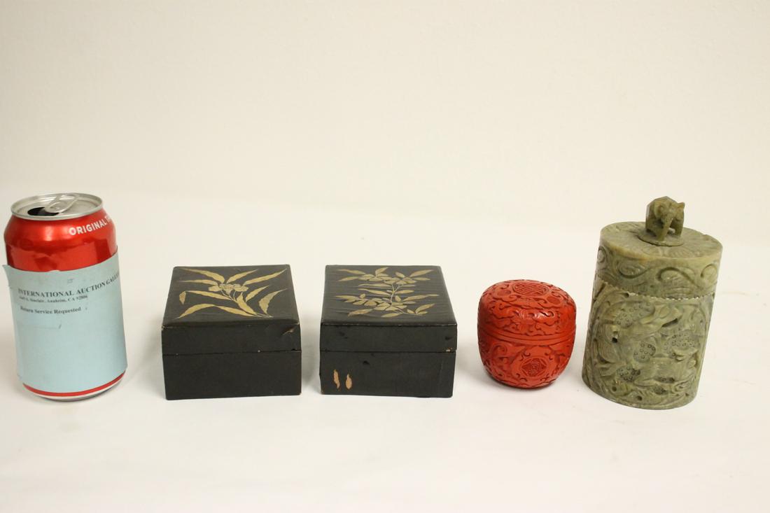 A cinnabar box, a soapstone box & 2 lacquer boxes: A cinnabar box (2.5"Hx2.5"dia), a soapstone box (5.25"Hx3.05"dia) and 2 lacquer boxes (2.1"Hx4.3"x3.45" each)