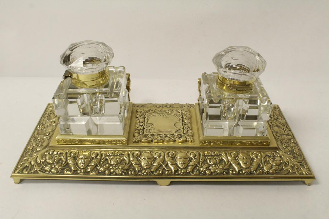 2 crystal inkwells on ornate bronze stand (1 of 9)