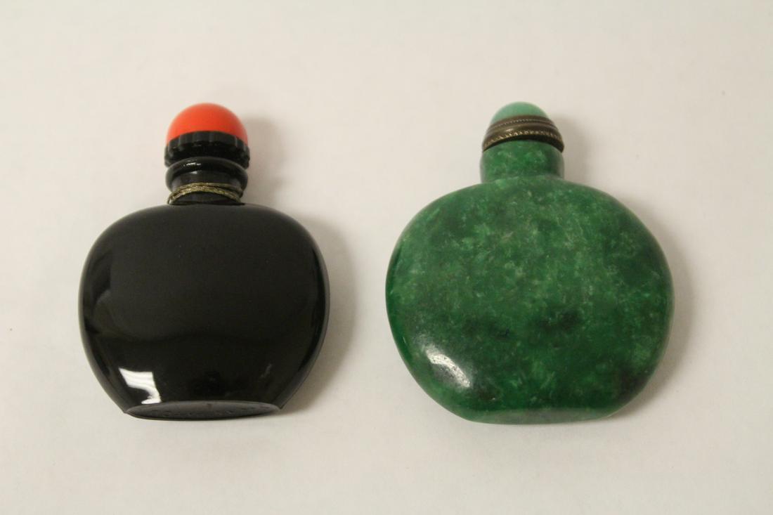 2 snuff bottles; including one jadeite like example: 2 snuff bottles; including one jadeite like example (2.33"H), 2.3"H