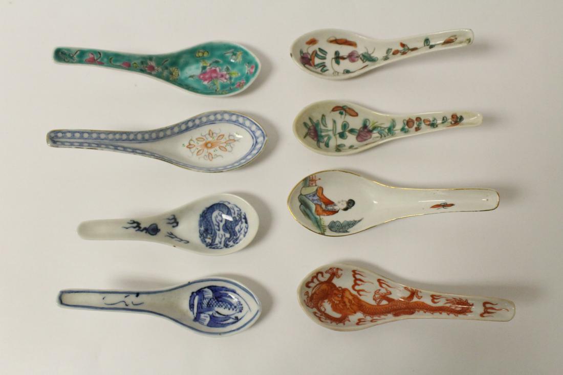 8 Chinese antique porcelain spoons: 8 Chinese antique porcelain spoons; including famille rose (5.2"L - 5.95"L), blue and white (4.8"L, 5.3"L), etc