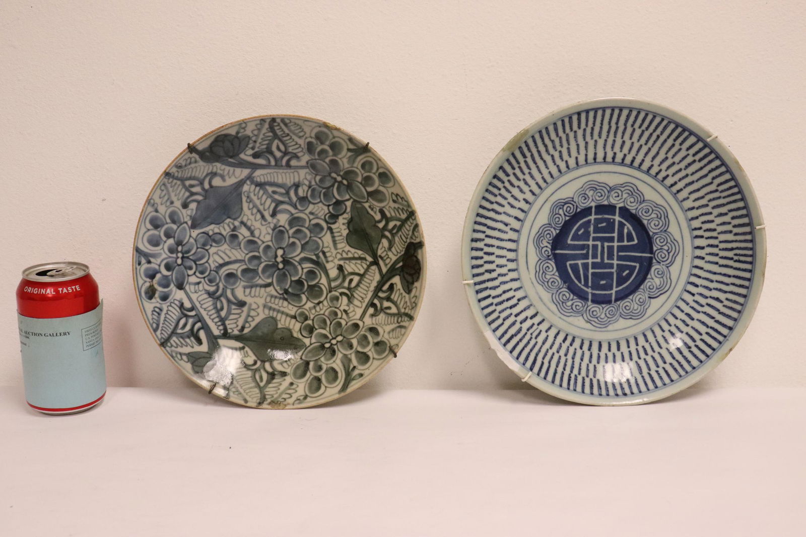 2 Chinese antique blue and white plates: 2 Chinese antique blue and white plates, edge chips and repair, 2.25"Hx10"dia, 1.9"Hx10.65"dia