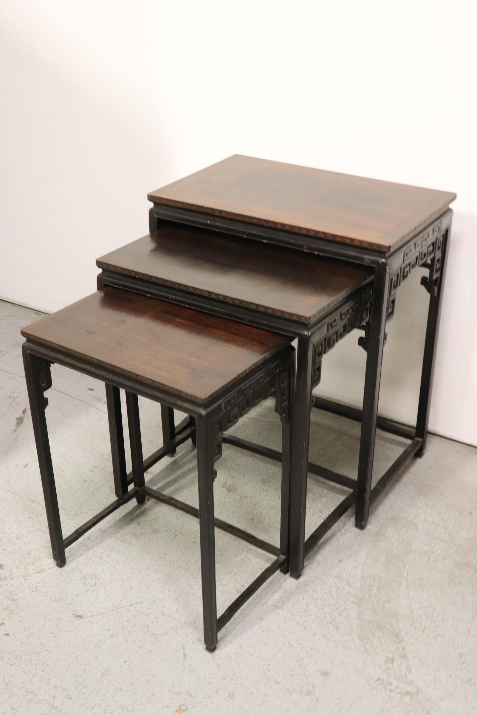 3 Chinese vintage stackable tables: 3 Chinese vintage stackable tables, 23.75"Hx17.85"x11.85" - 28.85"Hx24"x15.1"