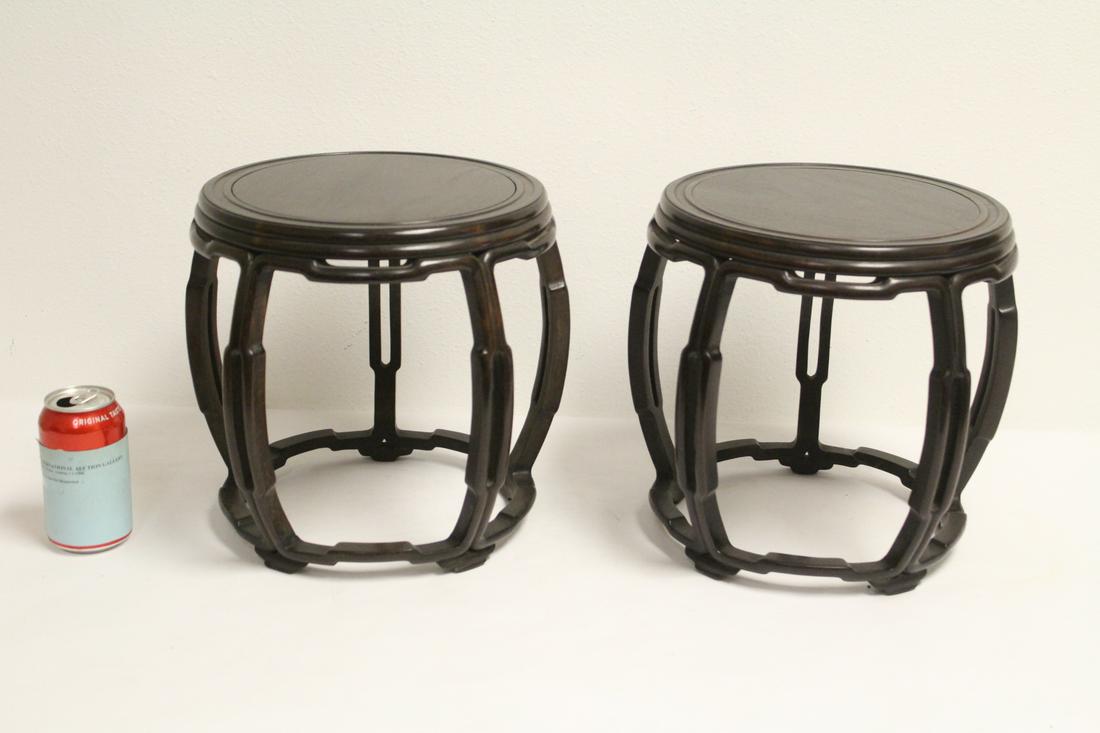 Pr zitan wood carved drum table top stool: Pair zitan wood carved pedestal drum table top stool, 11.1"Hx12.5"dia each