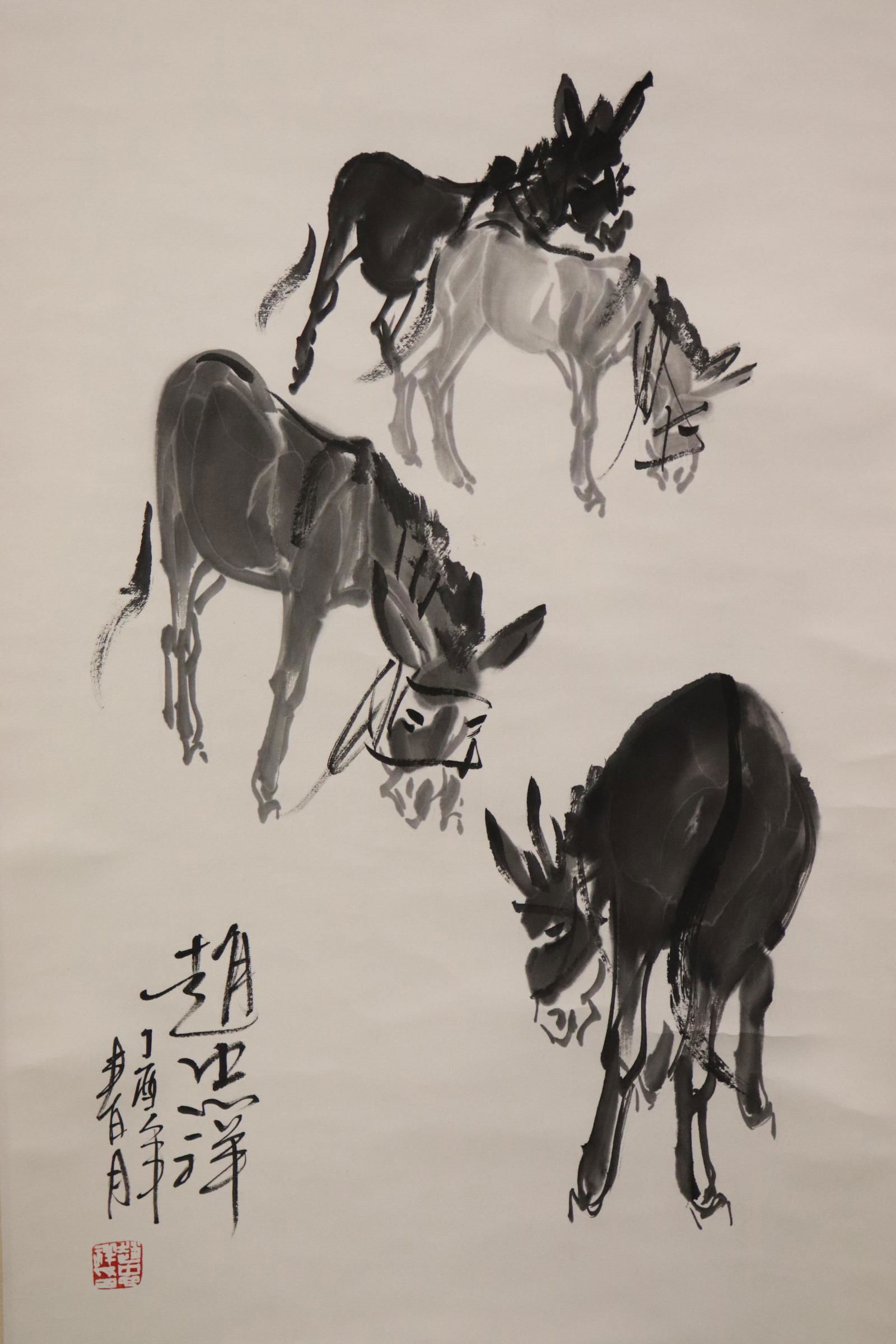 Chinese watercolor scroll by Zhao Zhong Xiang: Chinese watercolor scroll "donkeys" by Zhao Zhong Xiang (趙忠祥), 26.63"x17.5"
