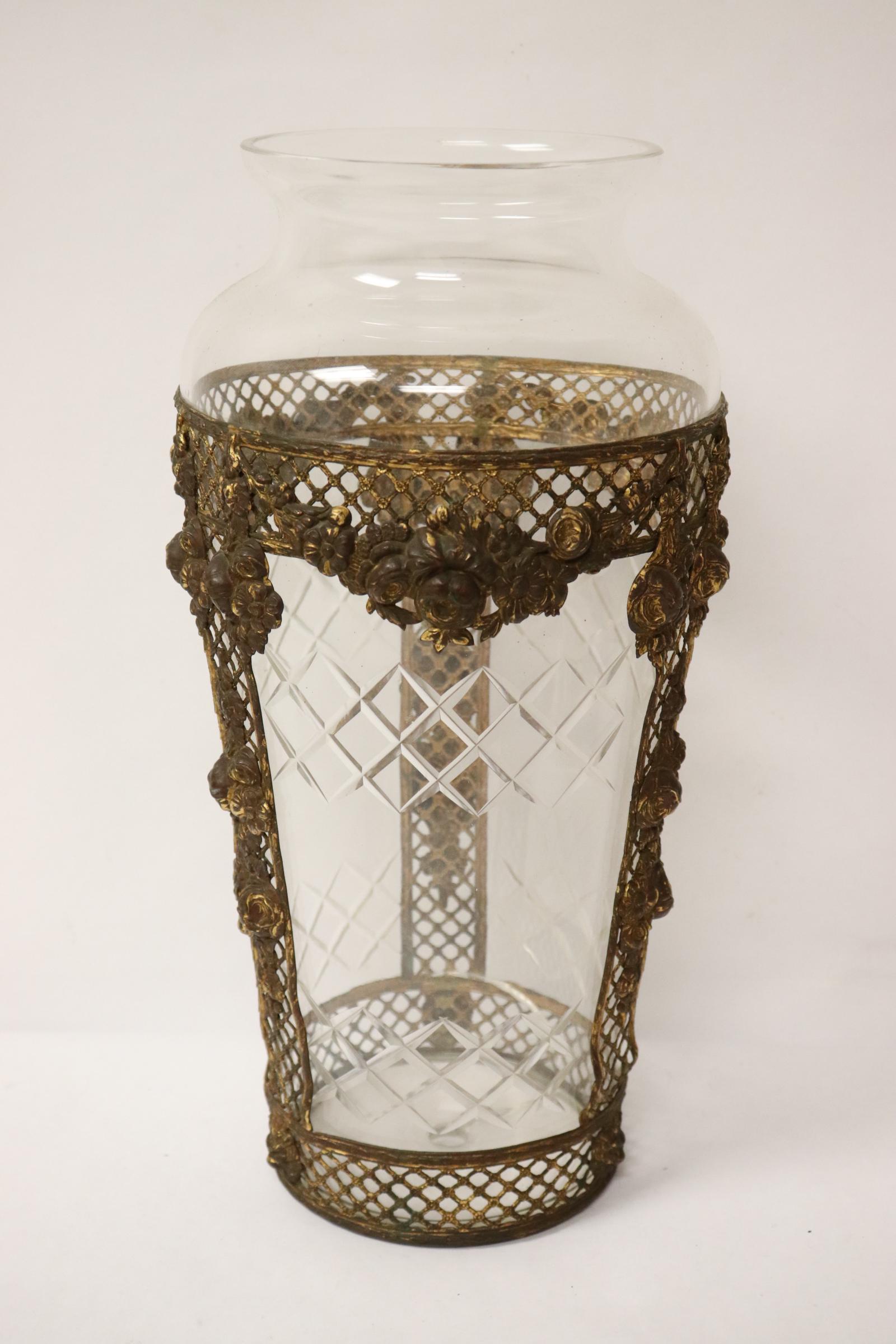 A French empire glass vase with ormolu: A French empire glass vase with ormolu (drill hole, crack on bottom), 12.75"Hx6.5"dia