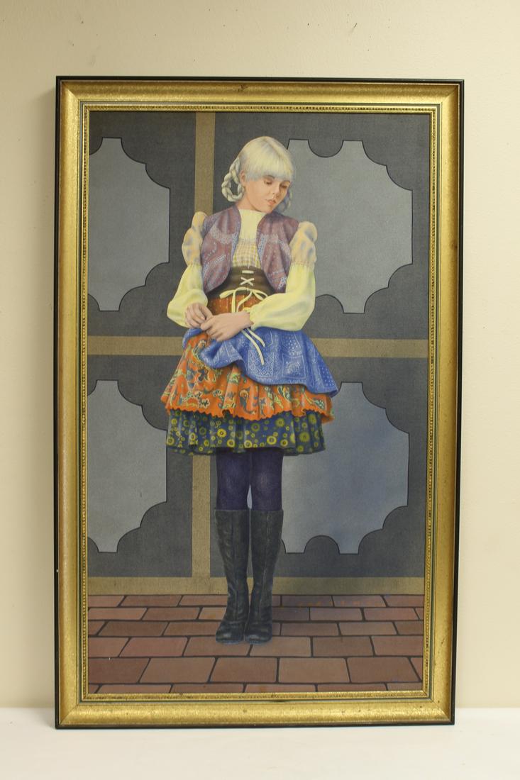 A large oil on canvas painting: A large oil on canvas painting depicting the portrait of a Scandinavian girl, unsigned, 47.4"x27.5"