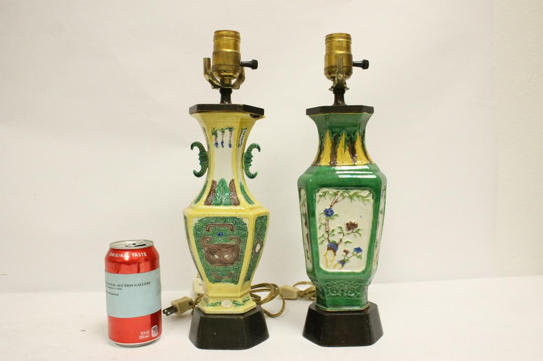 2 Chinese antique porcelain vases made as lamps: 2 Chinese antique porcelain vases (9.3"H, 9.5"H) made as lamps (top edge chip, 14.65"H, 14.85"H)
