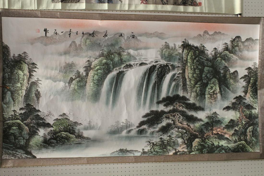 Chinese watercolor scroll depicting waterfall scene (1 of 8)
