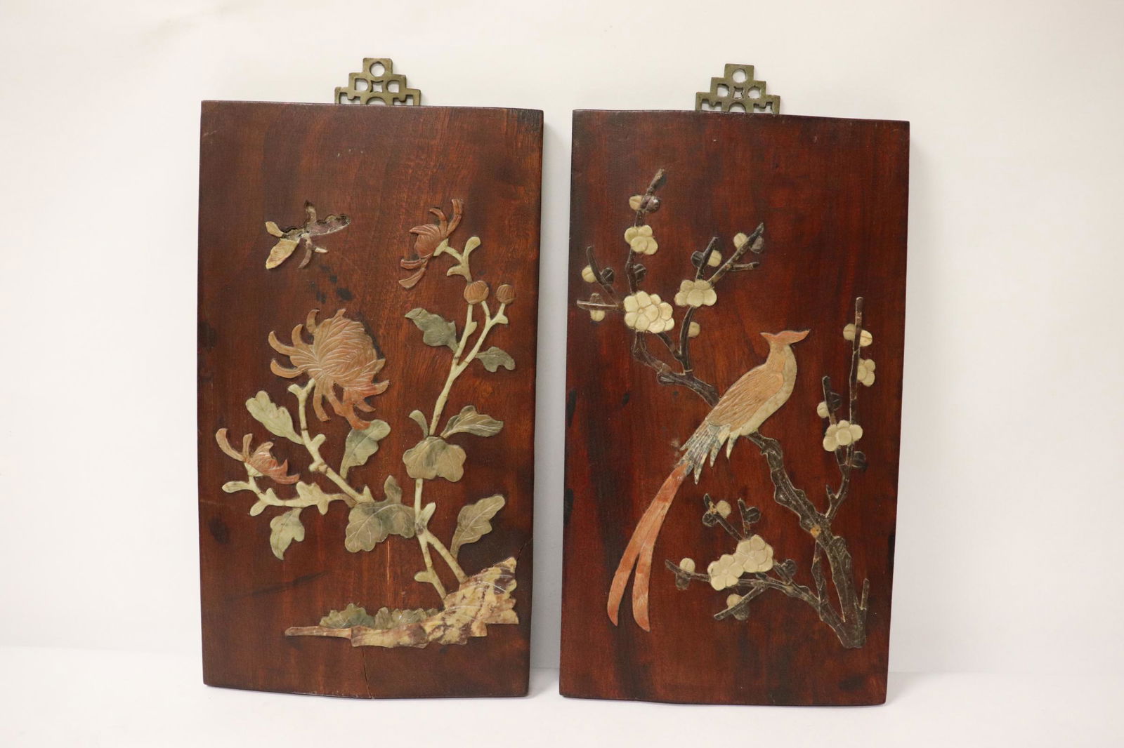 2 Chinese antique wood panels with stone overlay: 2 Chinese antique wood panels with stone overlay, stone loss, 12"x6.85" each