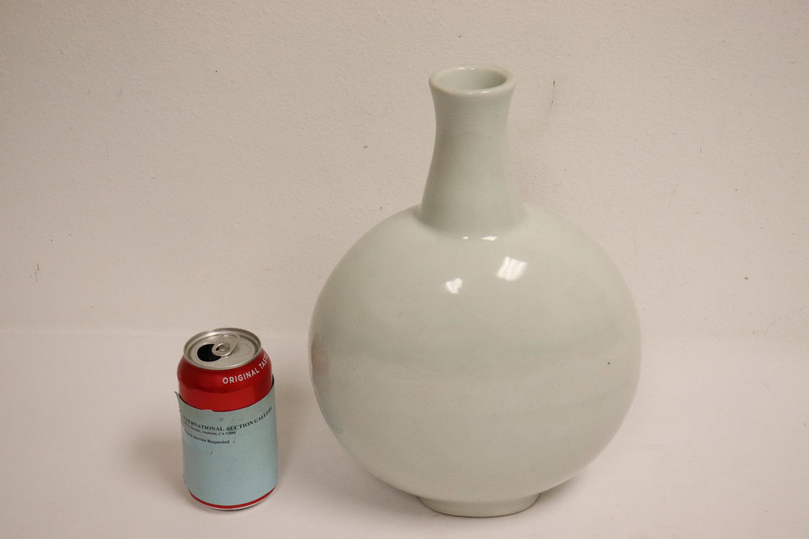 Chinese light celadon porcelain flask: Chinese light celadon porcelain flask, 12.75"Hx9"x5.85"