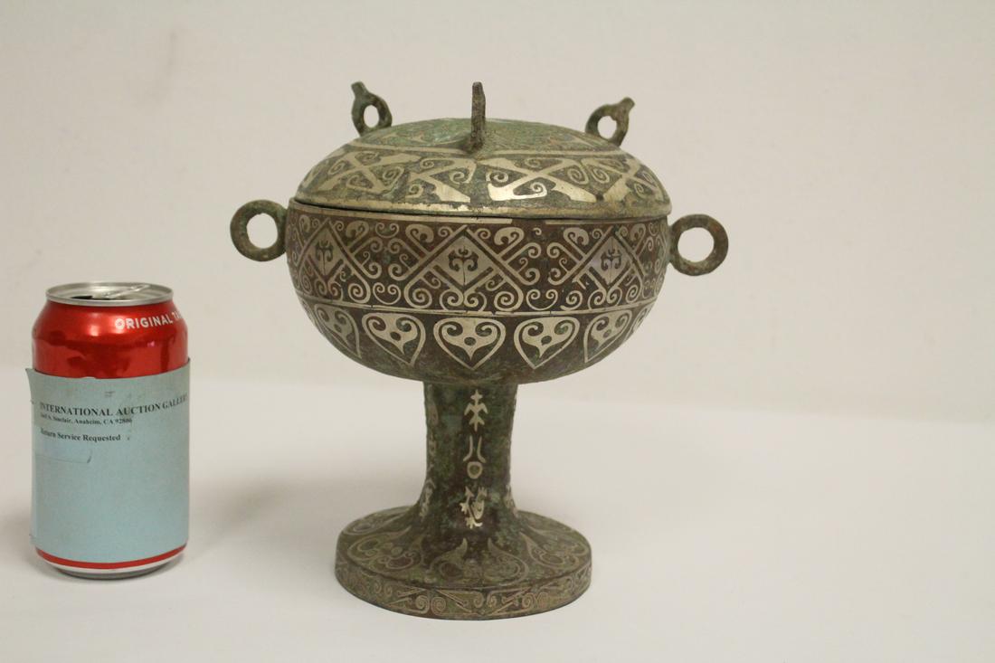 Chinese archaic style bronze dou with inlaid: Chinese archaic style bronze dou with inlaid, 8.75"Hx8.45"x6.45"