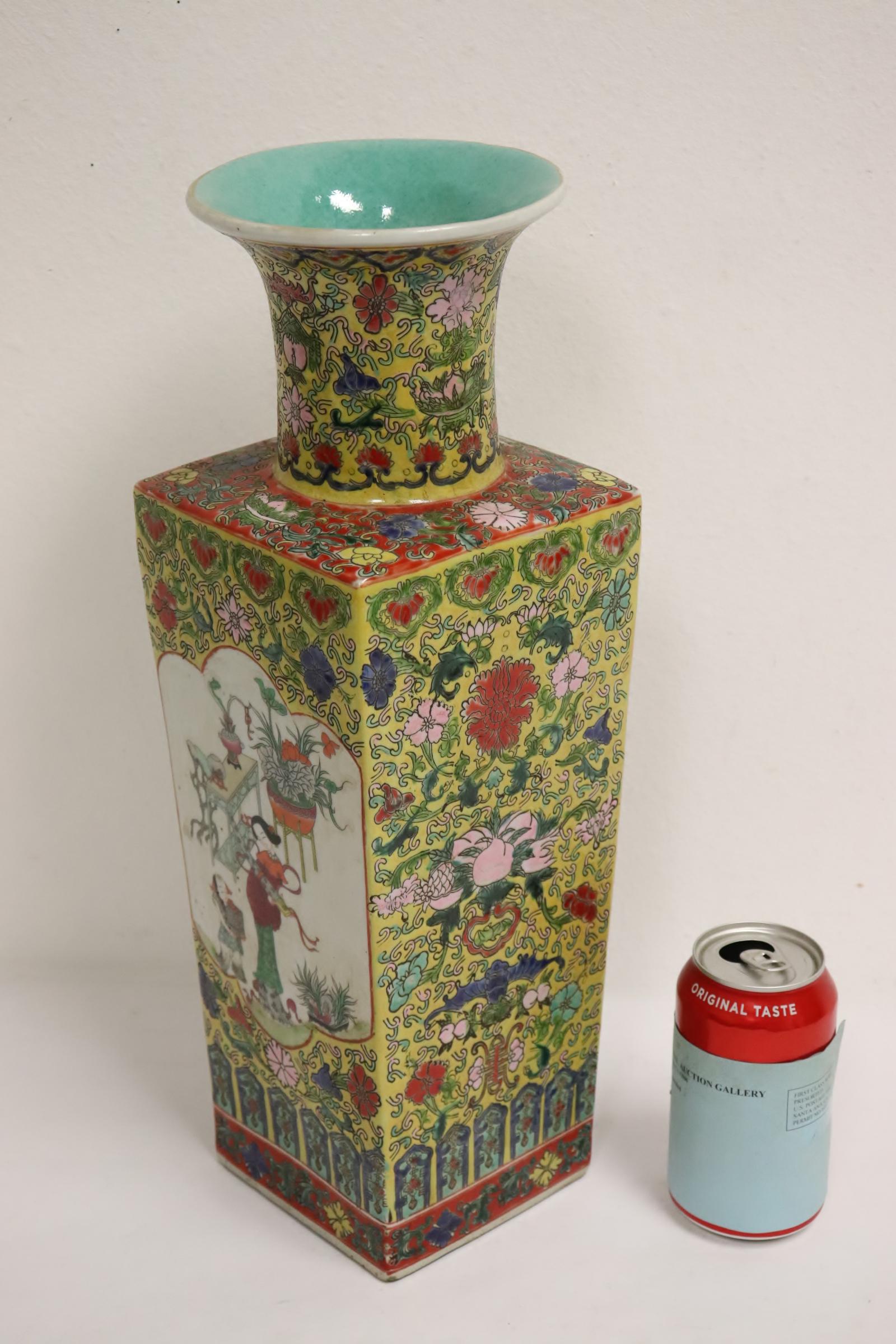 Chinese large famille rose porcelain square vase: Chinese large famille rose porcelain square vase, 17.25"Hx5.85"x5.85"
