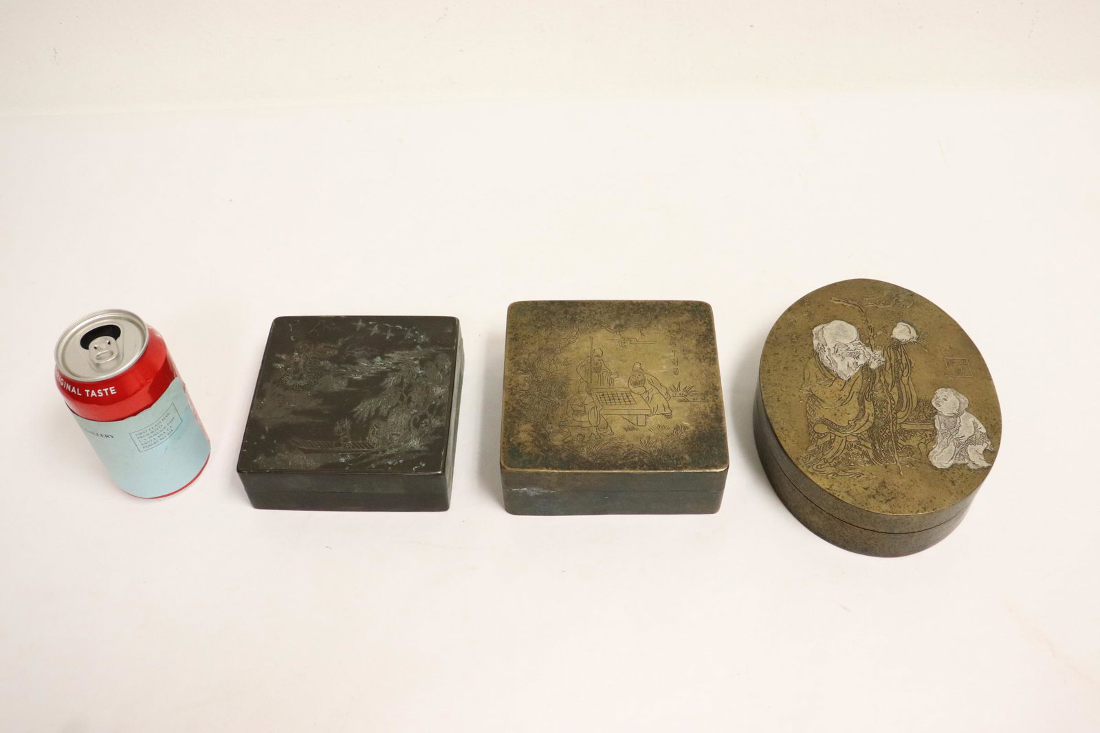 3 Chinese bronze/copper inkstone boxes: 3 Chinese bronze/copper inkstone boxes, 2"HX7.5"X5.9", 1.7"HX5.05"X5.05", 2.1"HX5.4"X5.4"