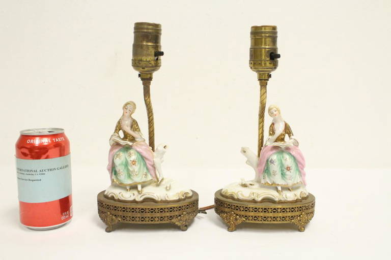 Pair Antique Dresden Porcelain Figurine Lamps