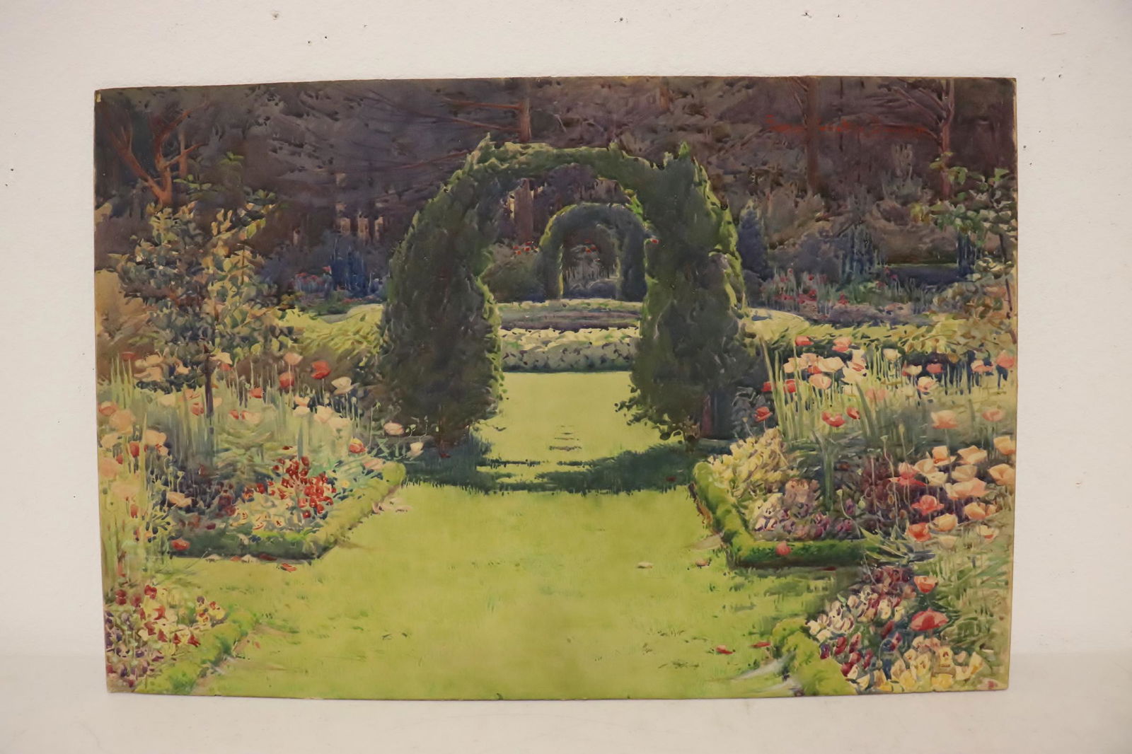 framed watercolor by George Walter Dawson: A beautiful framed watercolor "floral garden scene" by George Walter Dawson (American, 1870-1938), 14"x21"