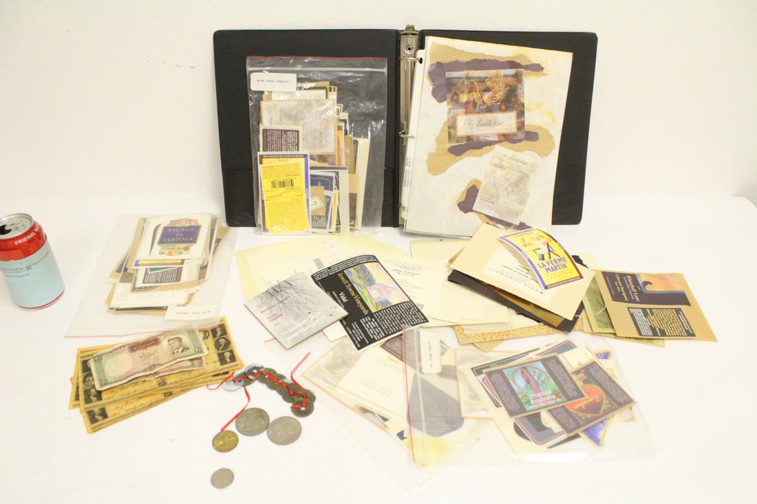 Lot of wine labels, old currency, and coins: Lot of wine labels, old currency, and coins