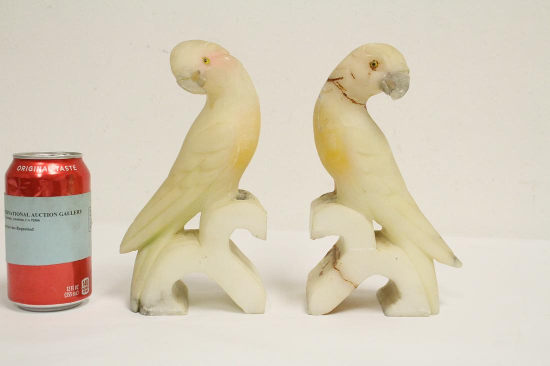 Pair fine antique alabaster carved birds: Pair fine antique alabaster carved birds (repair, 8.6"H each)